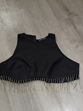 Black Beaded Fringe Crop Tank Top